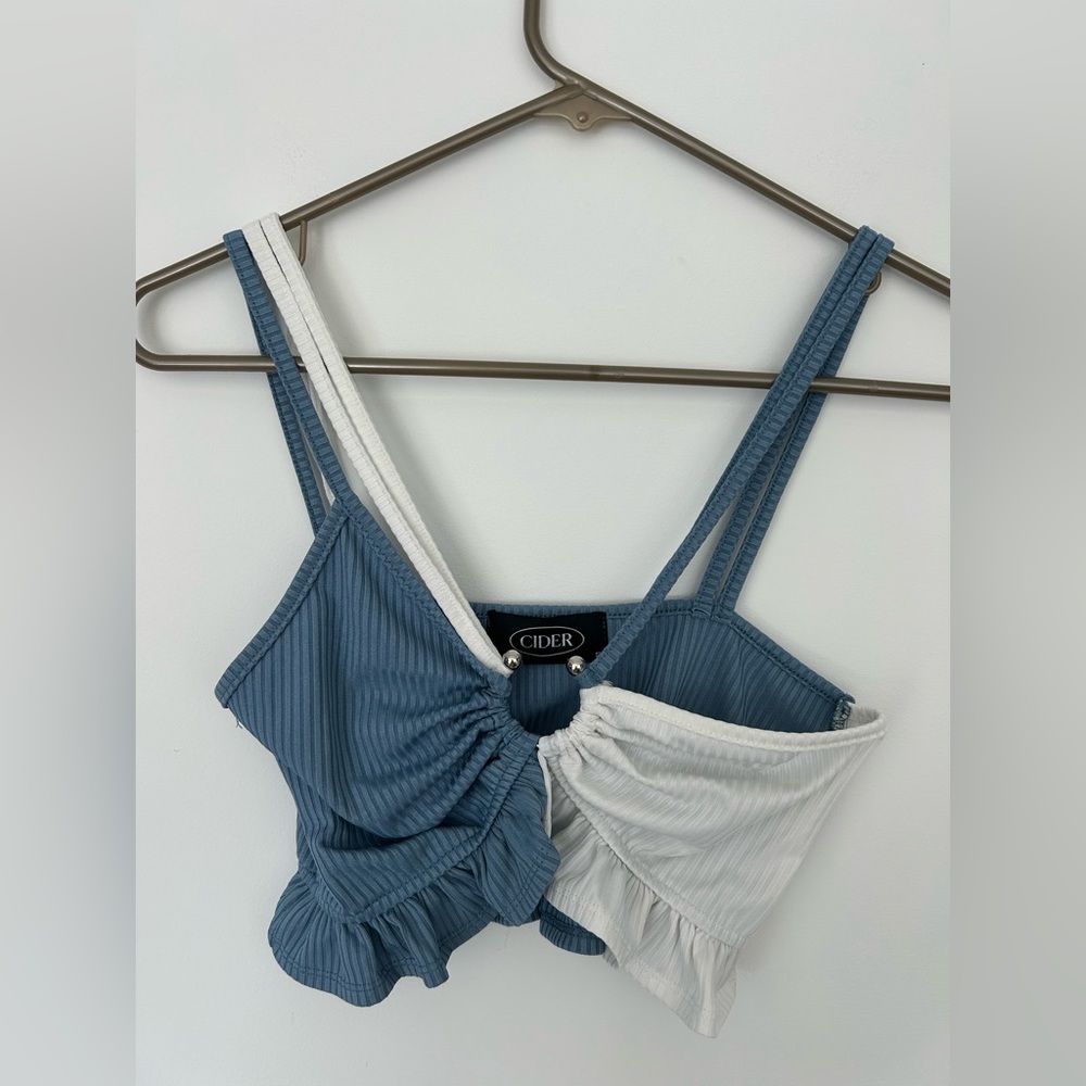 CIDER Cropped Blue And White Ruffled Asymmetrical Tank Size S